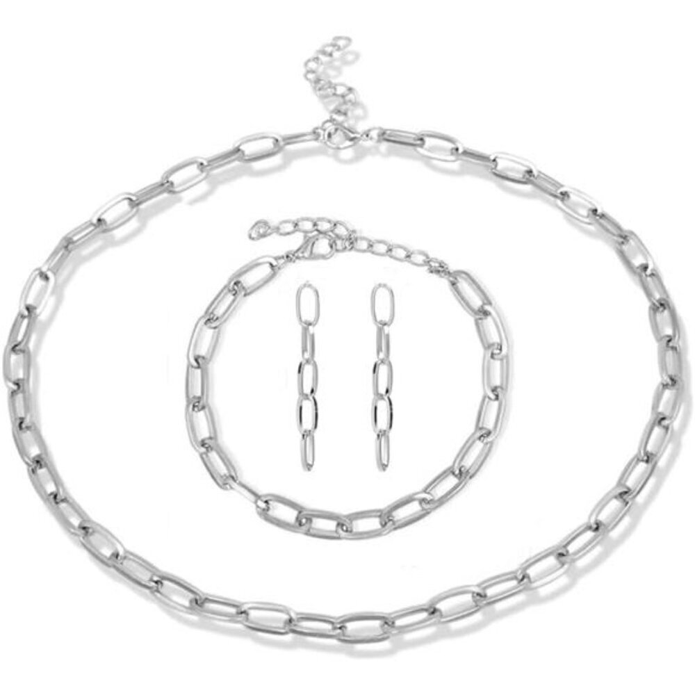 Classic Silver Paperclip Chain Jewelry Set–Necklace, Bracelet, and Drop Earrings